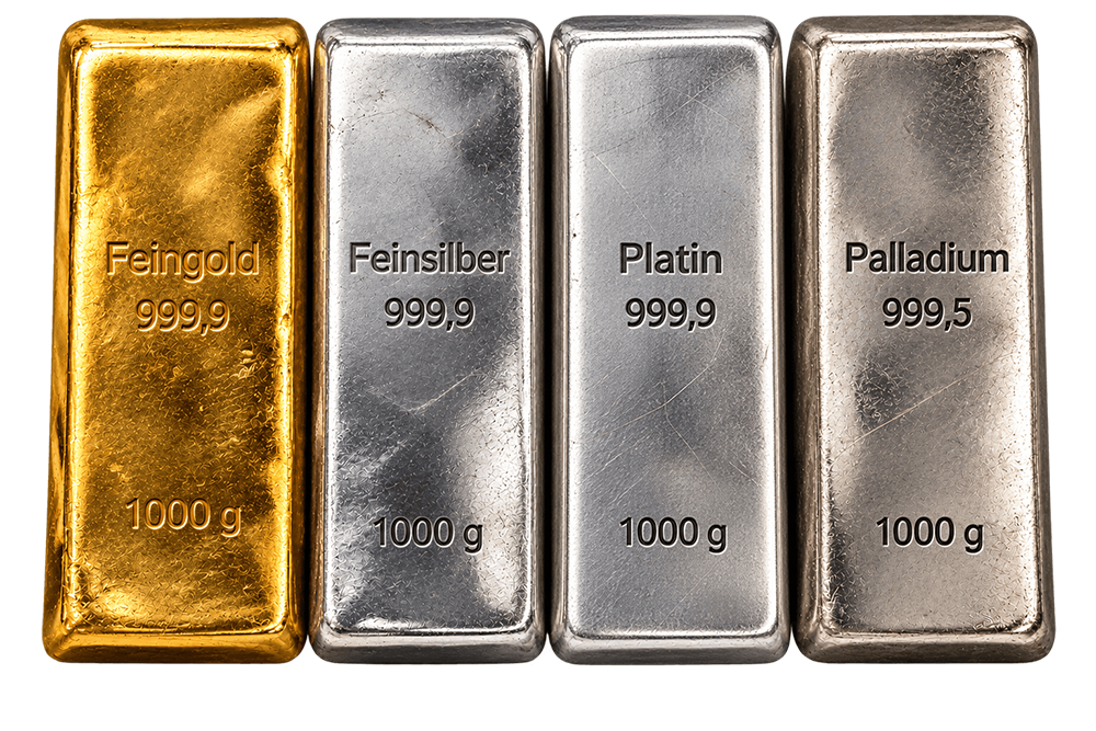Edelmetallbarren aus Gold, Silber, Platin und Palladium